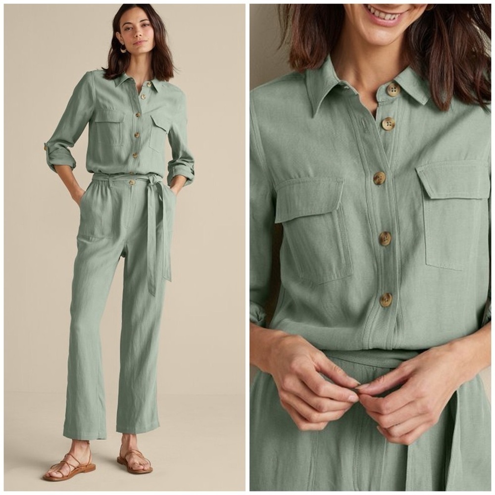 Soft Surroundings Kerry Jumpsuit Green Linen Cottagecore Resort Sz 12P